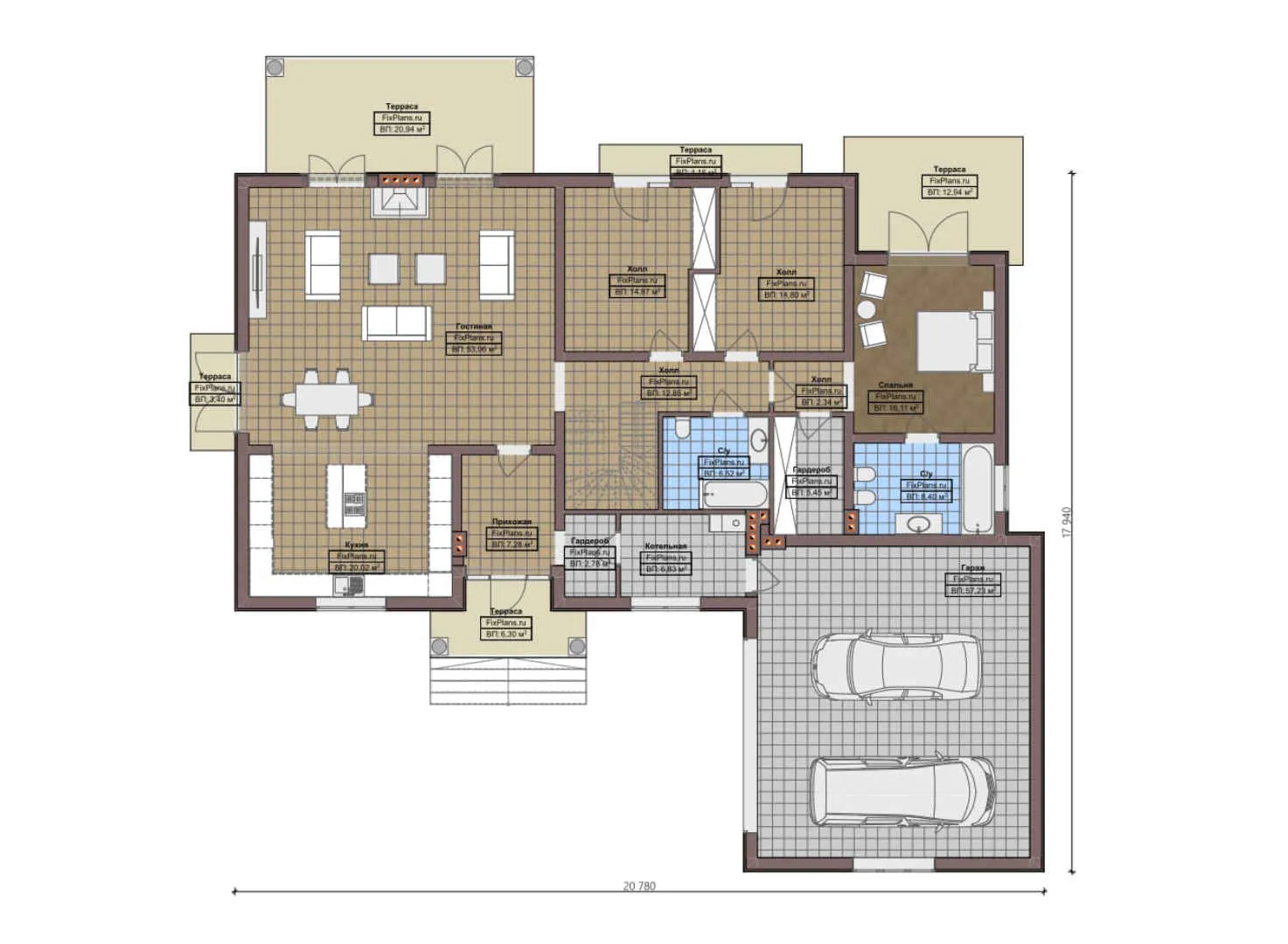 F-0179 - План одноэтажного дома 18 на 21, площадью 280 м² с террасой, гаражом на 2 машины и 1 спальнями
