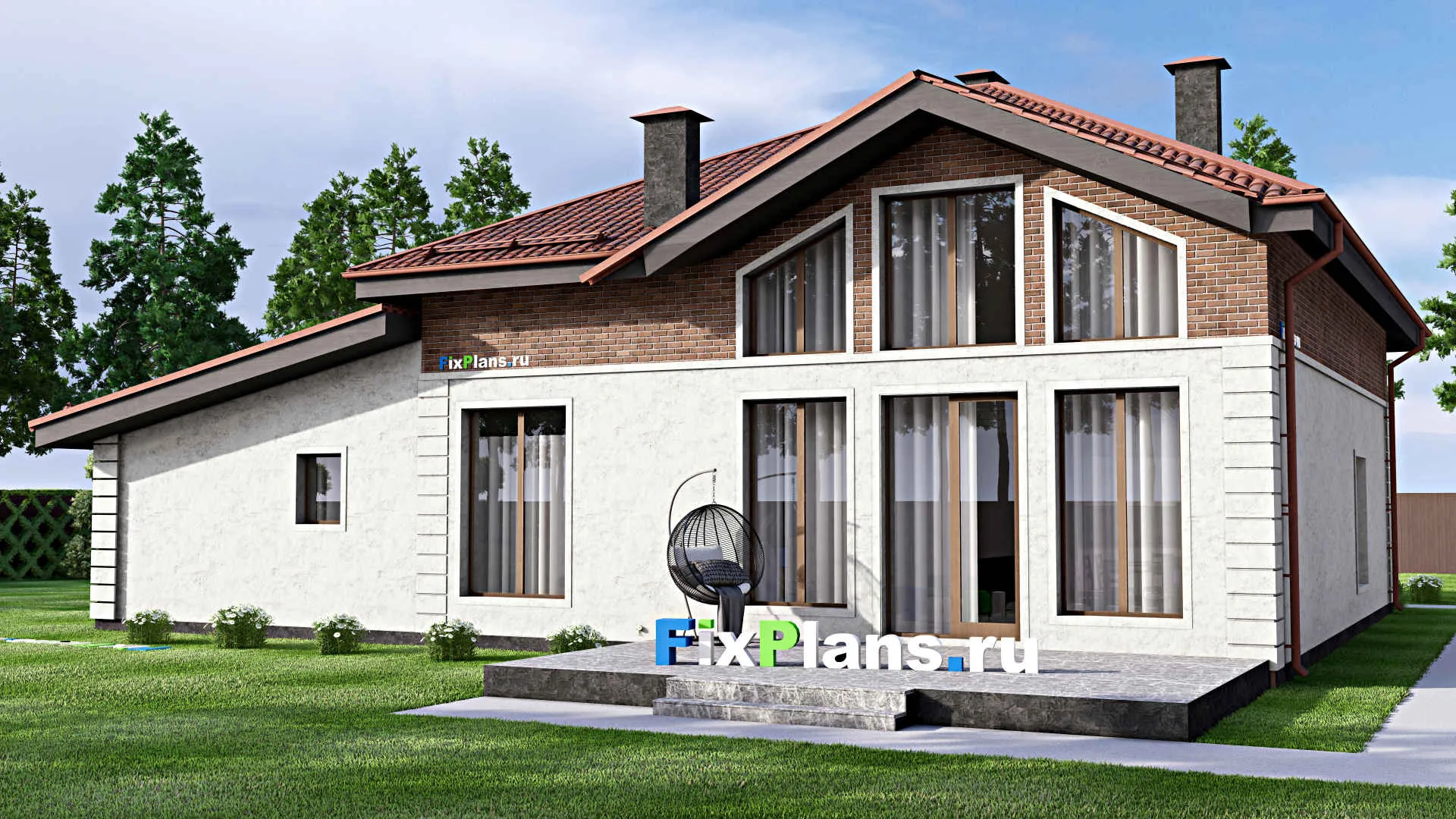 F-12698 - Проект дома с мансардой 19 на 20, площадью 270 м² с террасой, гаражом на 2 машины и 4 спальнями