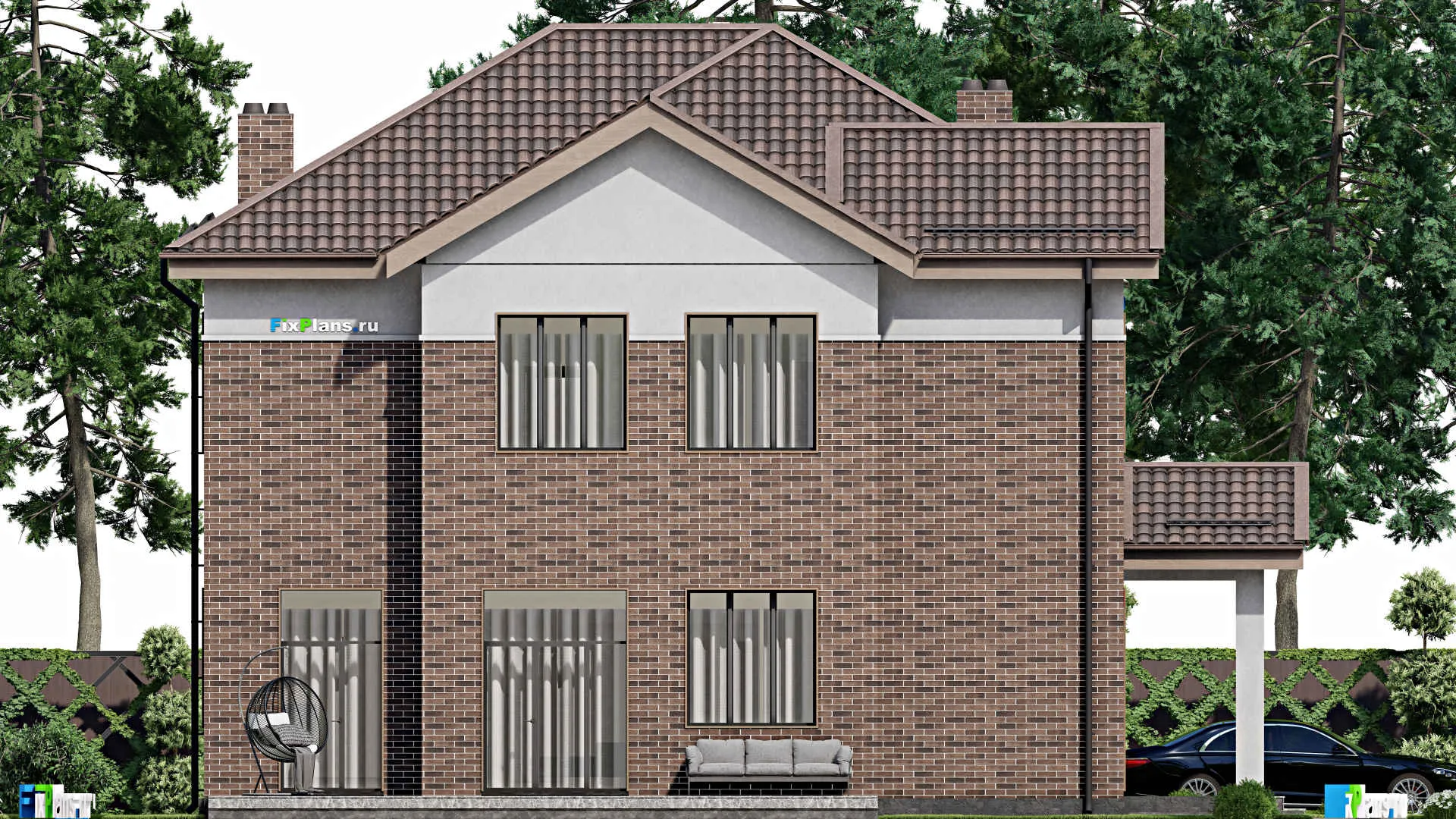 F-2537i - Проект двухэтажного дома 16 на 17, площадью 290 м² с террасой, гаражом на 1 машину и 5 спальнями