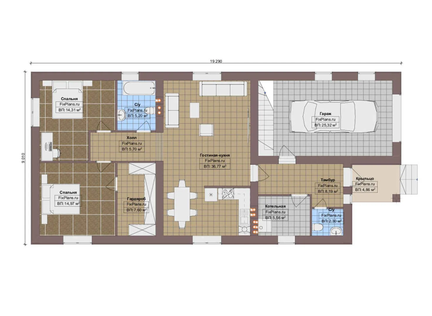F-12581 - План одноэтажного дома 10 на 20, площадью 140 м² с гаражом на 1 машину и 2 спальнями