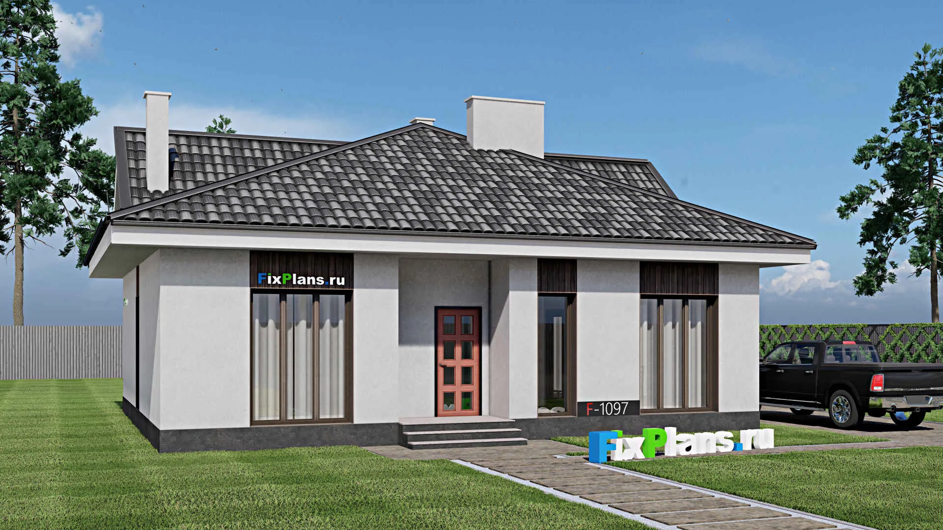 F-1097 - Проект одноэтажного дома 11 на 12, площадью 110 м² с террасой и 3 спальнями