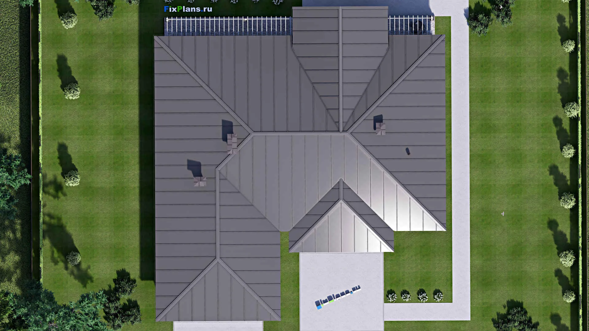 F-15281 - Проект одноэтажного дома 23 на 25, площадью 410 м² с террасой, баней, гаражом на 2 машины и 3 спальнями