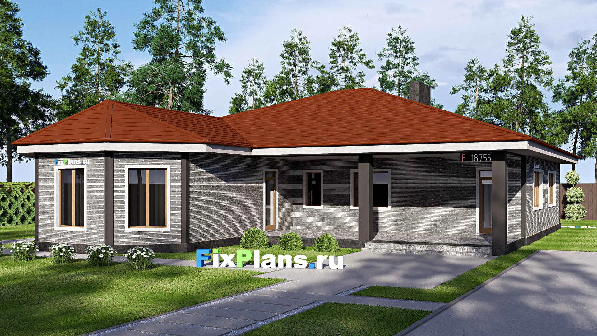 F-18755 - Проект одноэтажного дома 17 на 22, площадью 240 м² с террасой и 3 спальнями