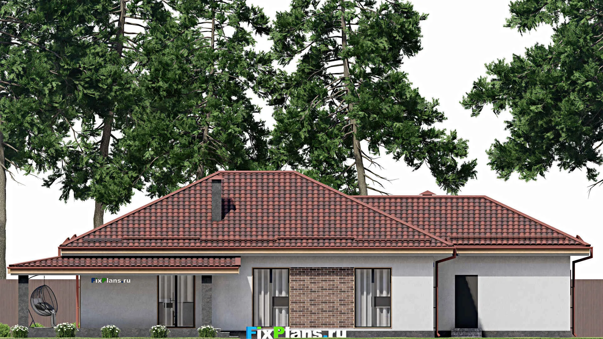 F-6884 - Проект одноэтажного дома 15 на 22, площадью 190 м² с террасой, гаражом на 1 машину и 3 спальнями