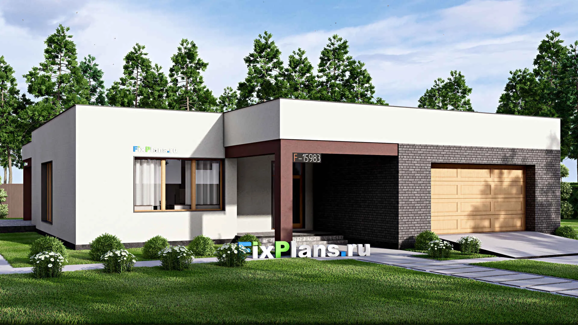 F-15983 - Проект одноэтажного дома 21 на 22, площадью 280 м² с террасой, гаражом на 2 машины и 3 спальнями