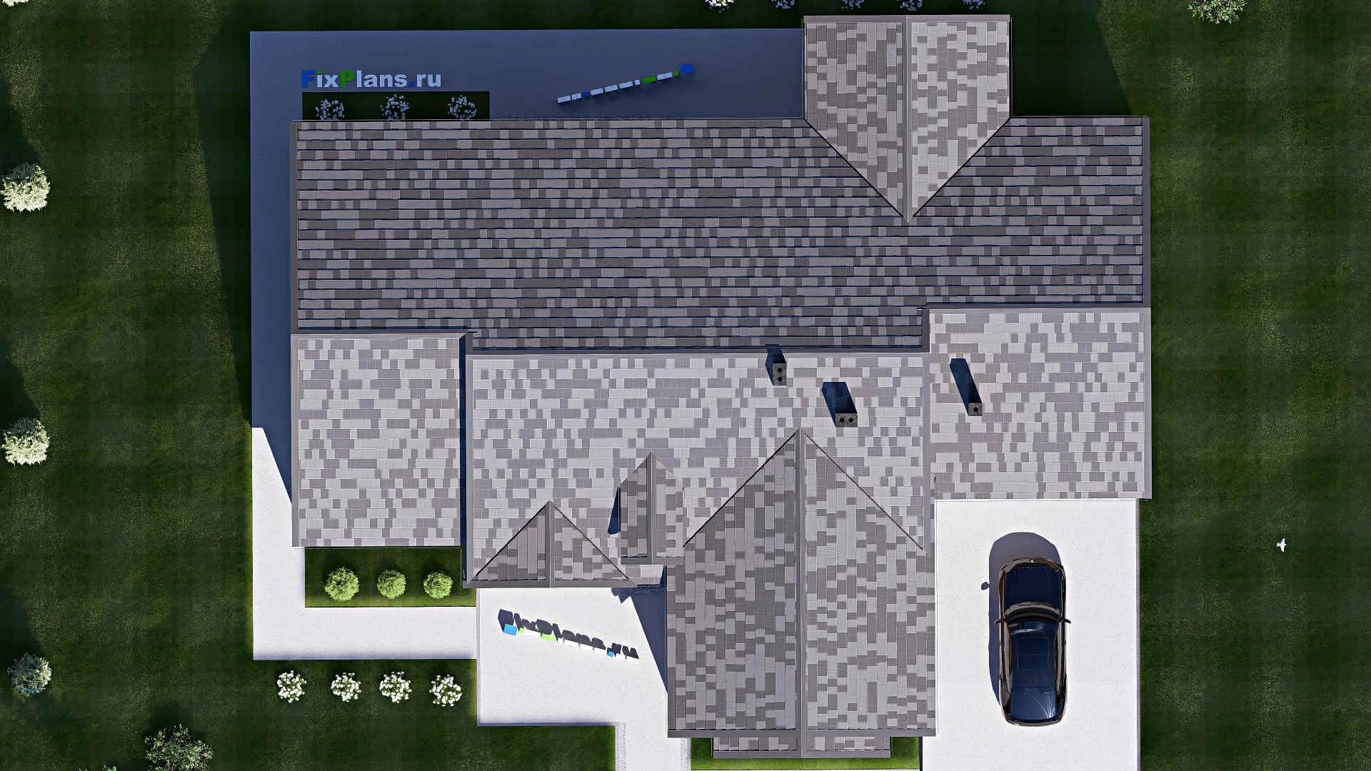 F-17144 - Проект дома с мансардой 21 на 25, площадью 300 м² с террасой, гаражом на 2 машины и 4 спальнями