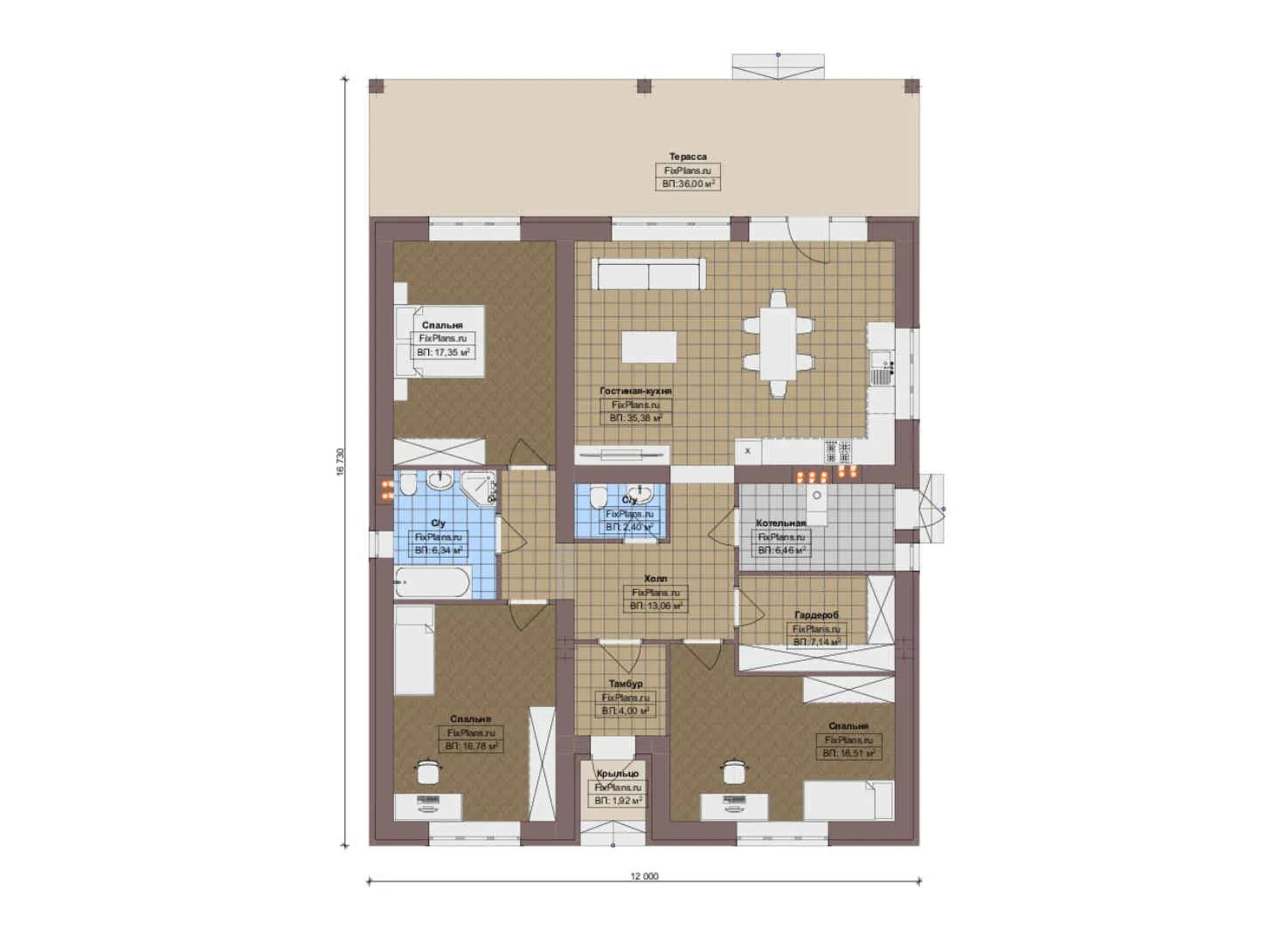 F-14705 - План одноэтажного дома 12 на 17, площадью 170 м² с террасой и 3 спальнями