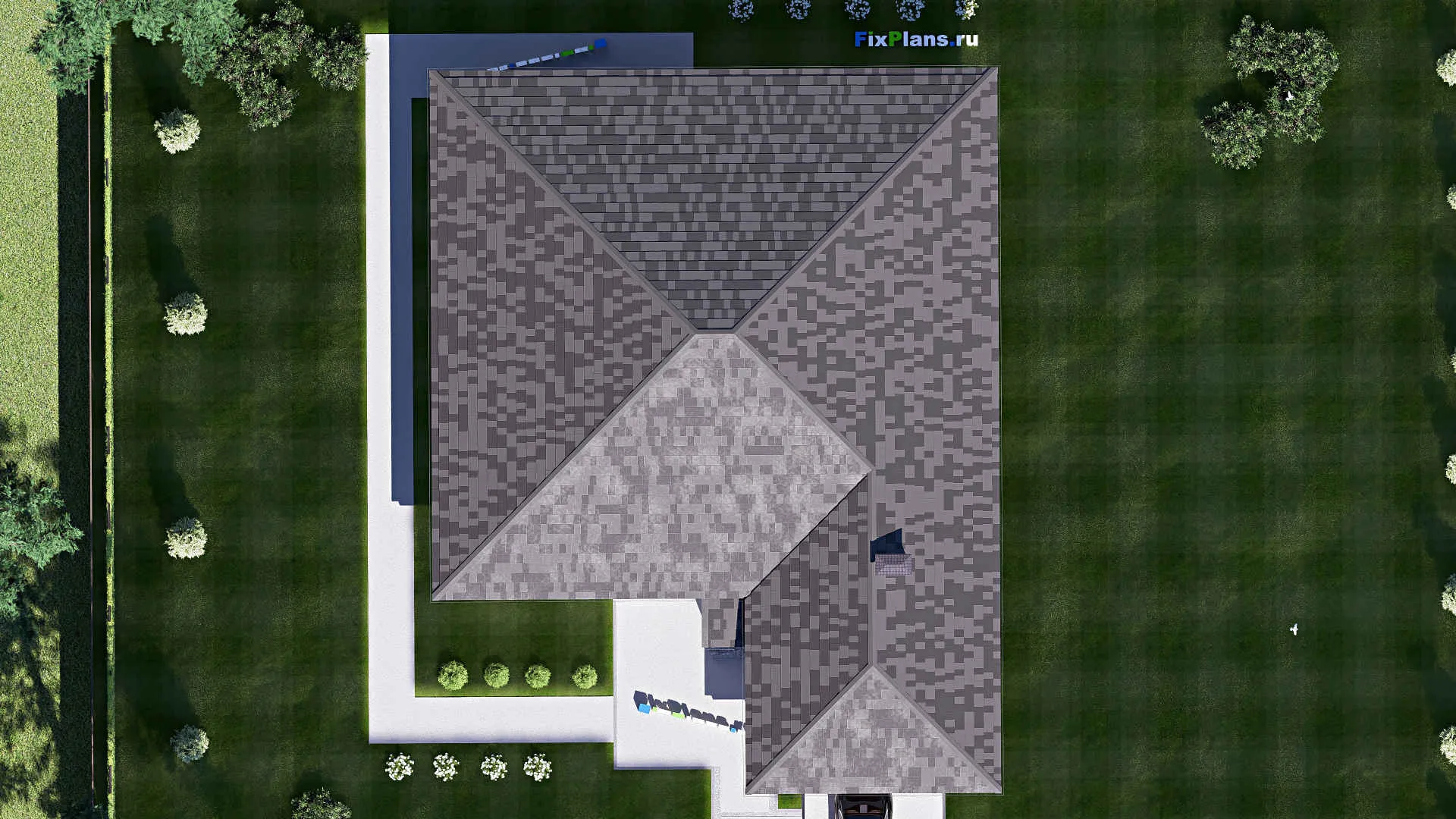 F-19250 - Проект одноэтажного дома 17 на 23, площадью 260 м² с террасой, гаражом на 2 машины и 4 спальнями