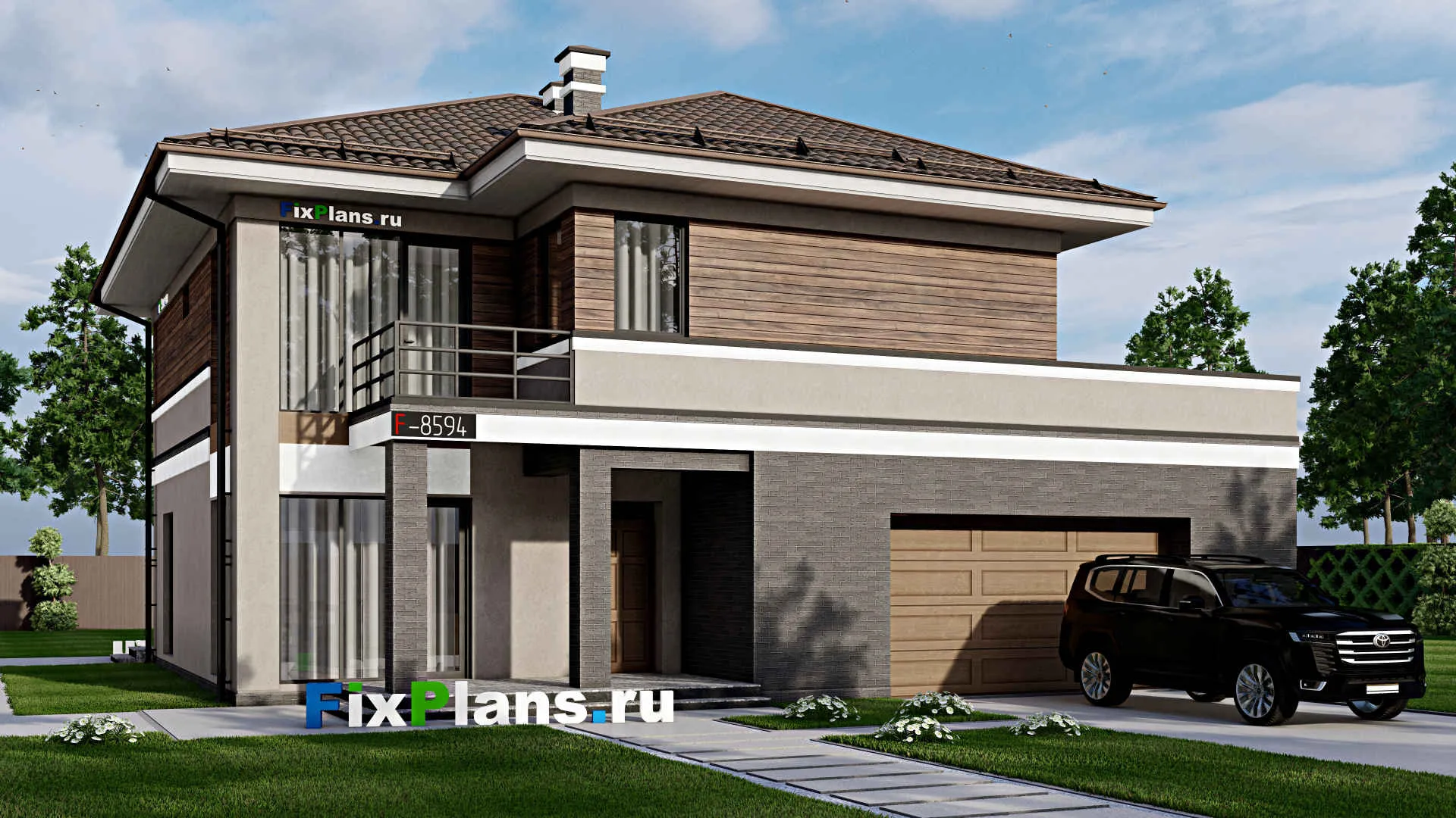 F-8594 - Проект двухэтажного дома 13 на 17, площадью 300 м² с террасой, балконом, гаражом на 2 машины и 4 спальнями