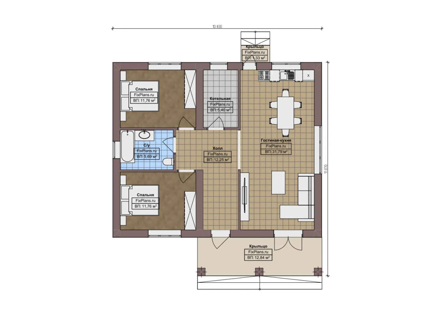 F-8963 - План одноэтажного дома 11 на 12, площадью 100 м² с террасой и 2 спальнями