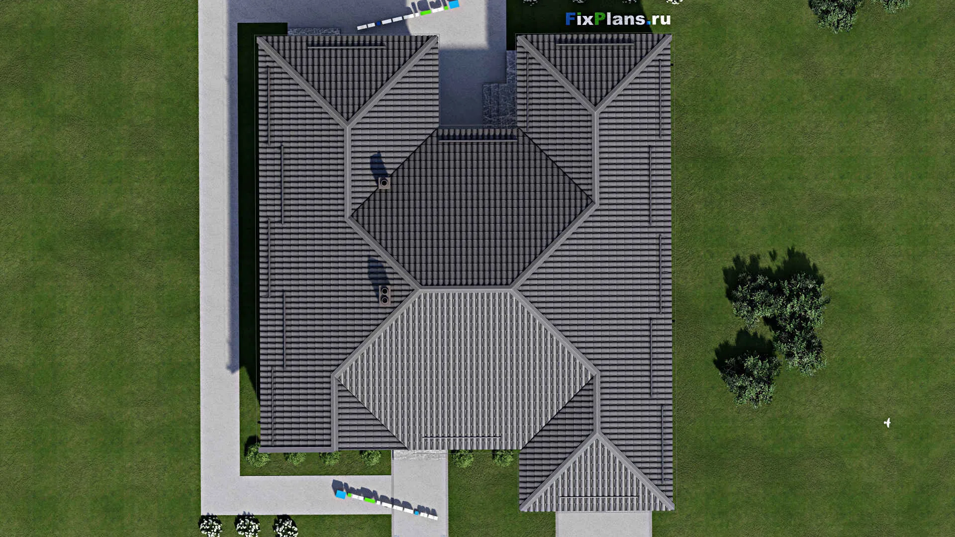 F-2951 - Проект одноэтажного дома 15 на 15, площадью 150 м² с террасой, гаражом на 1 машину и 3 спальнями