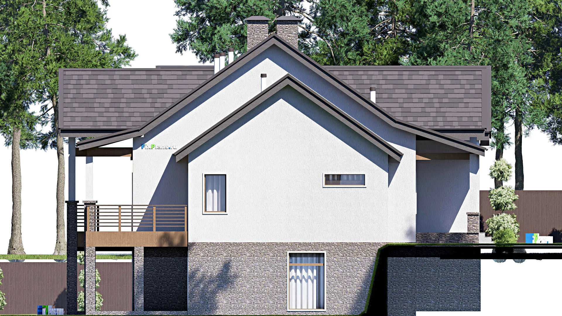 F-20618 - Проект двухэтажного дома 18 на 32, площадью 710 м² с террасой, цокольным этажом, гаражом на 2 машины и 5 спальнями