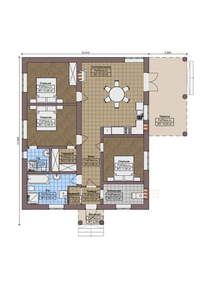 F-8828 - План одноэтажного дома 13 на 14, площадью 120 м² с террасой и 3 спальнями