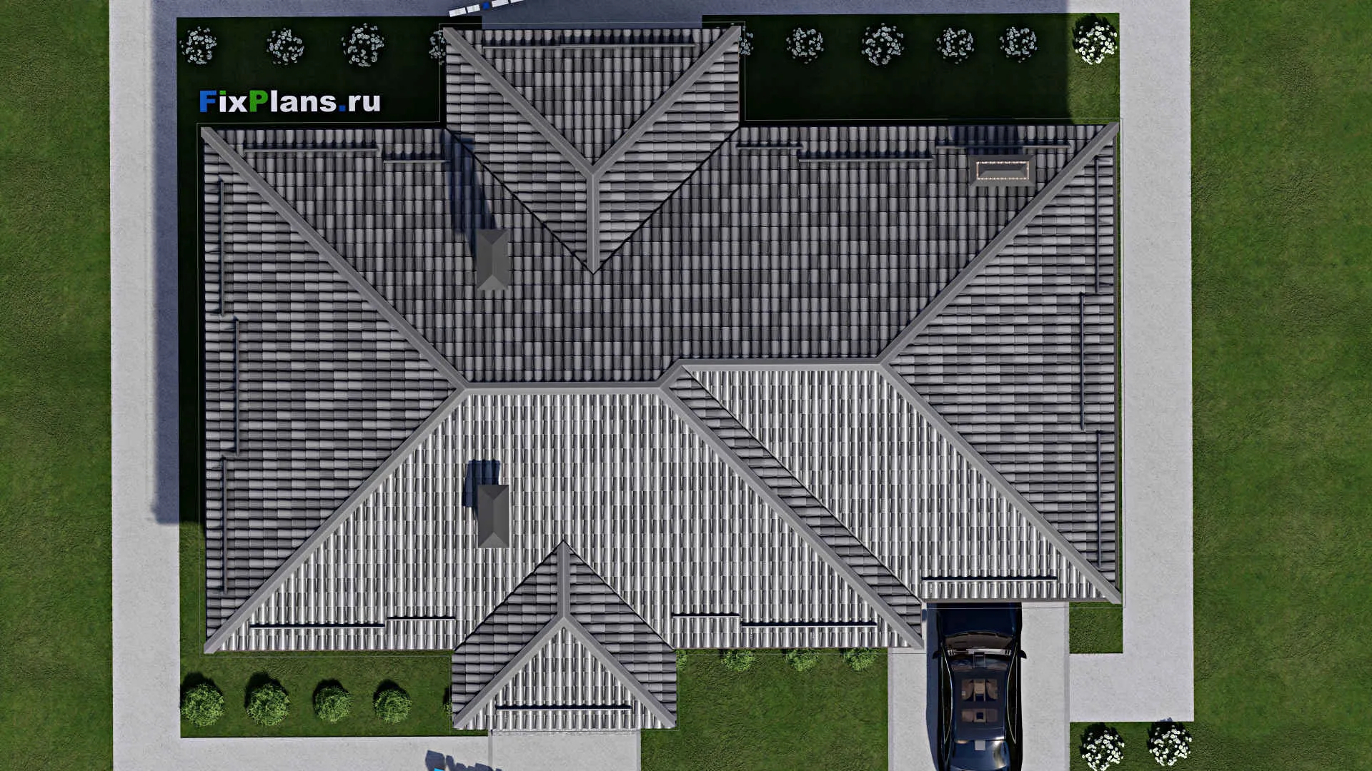 F-7424 - Проект одноэтажного дома 14 на 19, площадью 170 м² с террасой, гаражом на 1 машину и 2 спальнями