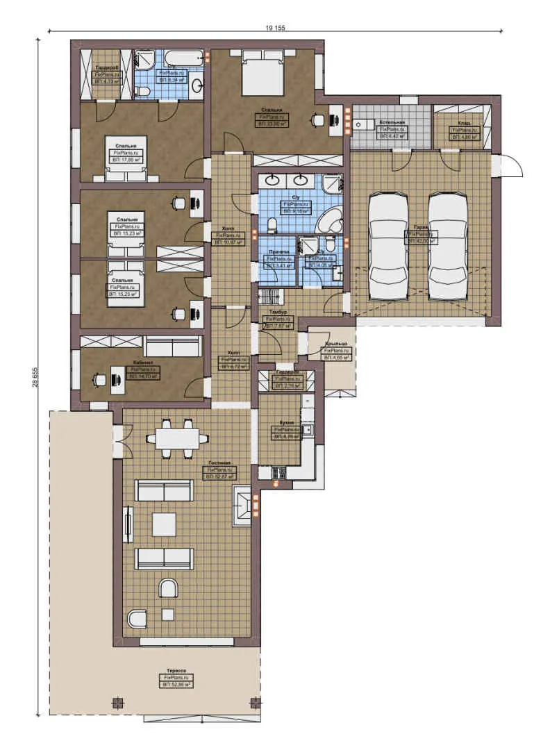F-9089 - План одноэтажного дома 20 на 29, площадью 320 м² с террасой, гаражом на 2 машины и 4 спальнями