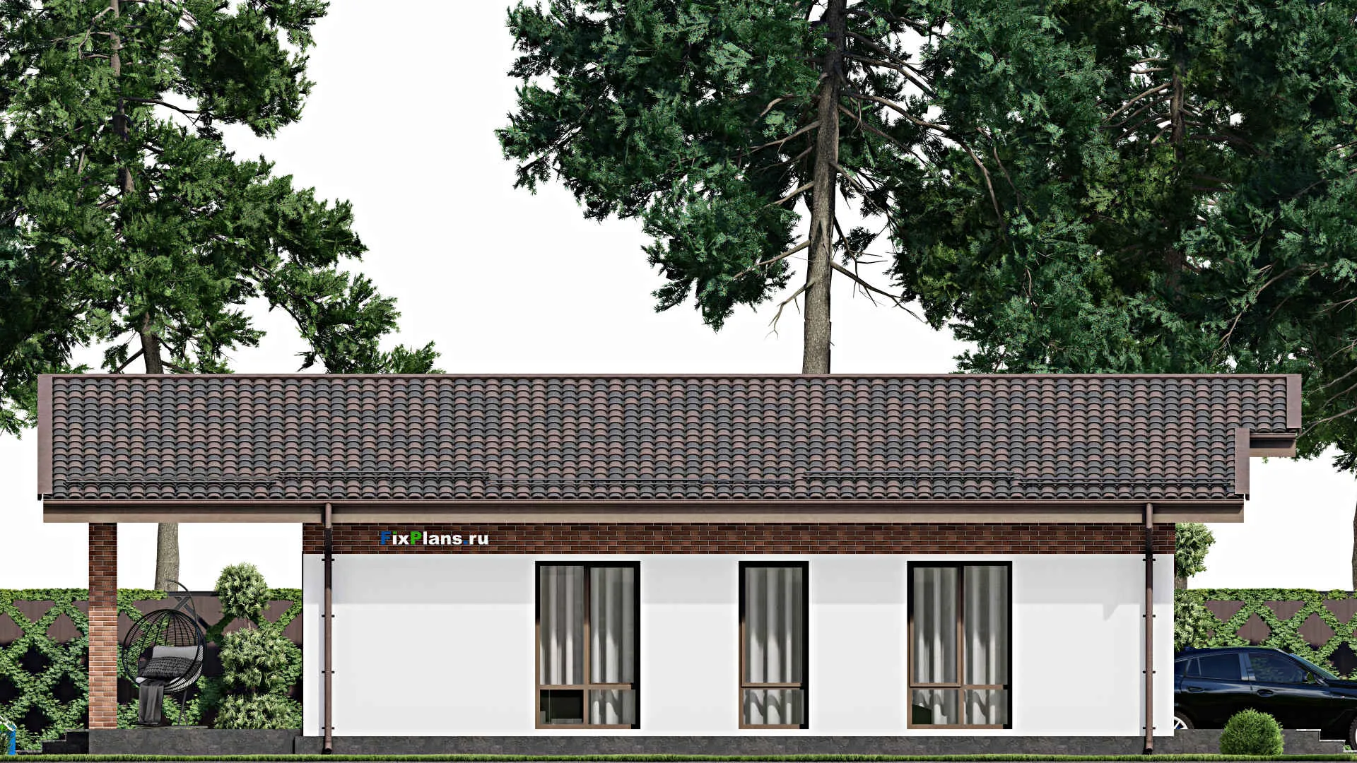 F-6128 - Проект одноэтажного дома 11 на 13, площадью 150 м² с террасой и 3 спальнями