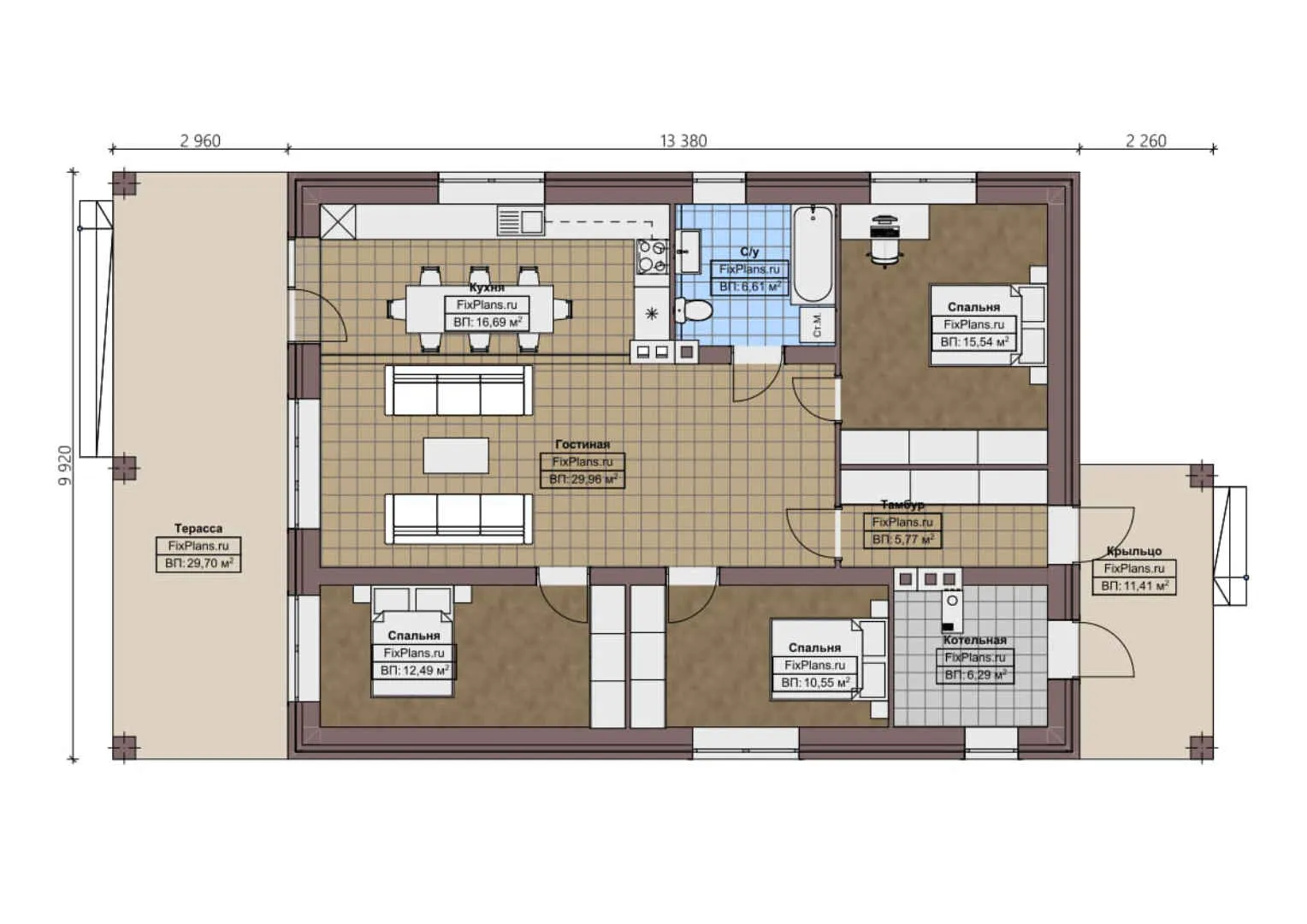 F-1655 - План одноэтажного дома 10 на 14, площадью 150 м² с террасой и 3 спальнями