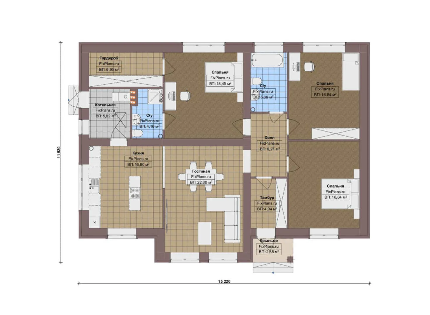 F-15173 - План одноэтажного дома 12 на 16, площадью 130 м² с 3 спальнями