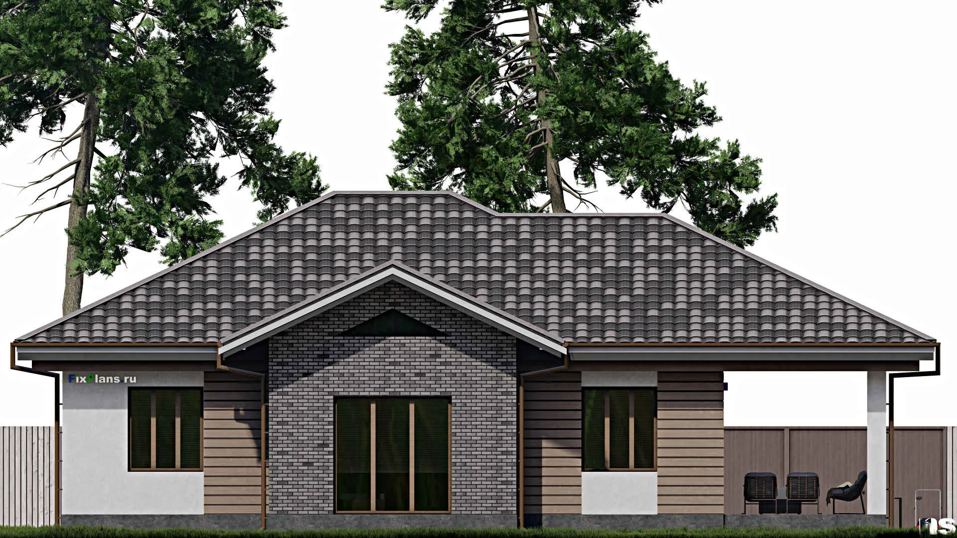 F-0467 - Проект одноэтажного дома 14 на 14, площадью 190 м² с террасой и 5 спальнями