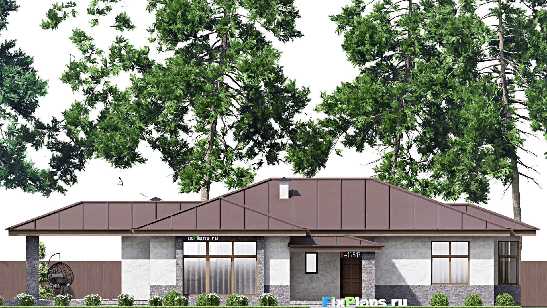 F-14813 - Проект одноэтажного дома 14 на 24, площадью 230 м² с террасой и 3 спальнями