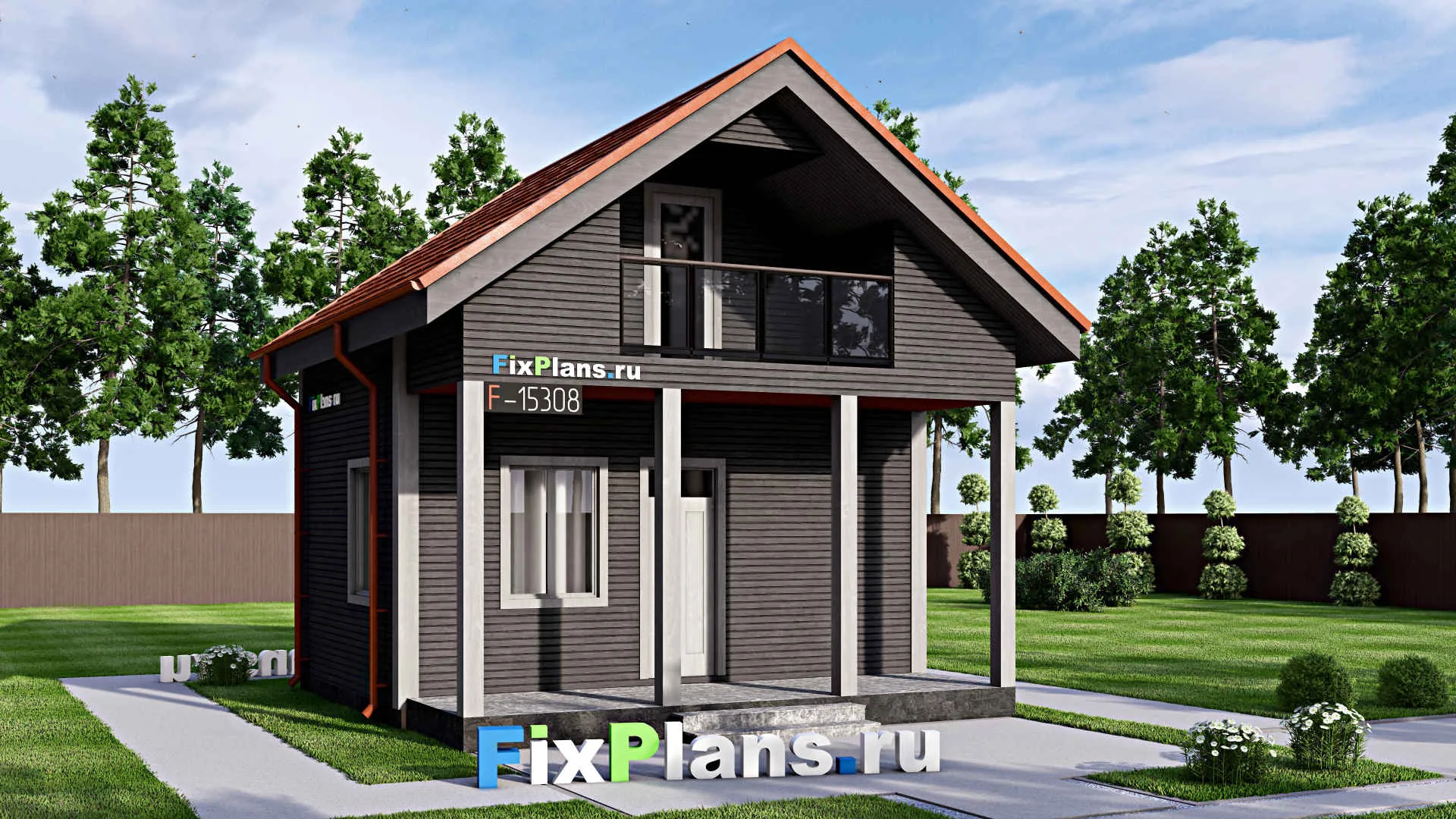 F-15308 - Проект бани 7 на 7, площадью 70 м² с комнатой отдыха, терассой и мансардой