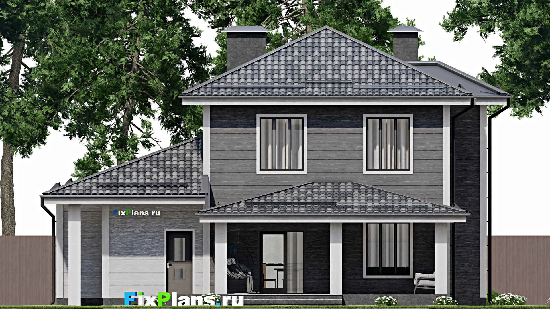 F-3563 - Проект двухэтажного дома 12 на 15, площадью 200 м² с террасой, гаражом на 1 машину и 5 спальнями