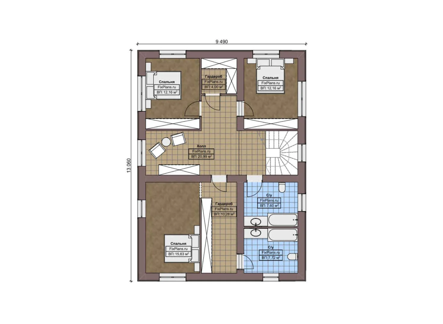 F-3545 - Планы двухэтажного дома 10 на 14, площадью 210 м² с террасой и 3 спальнями