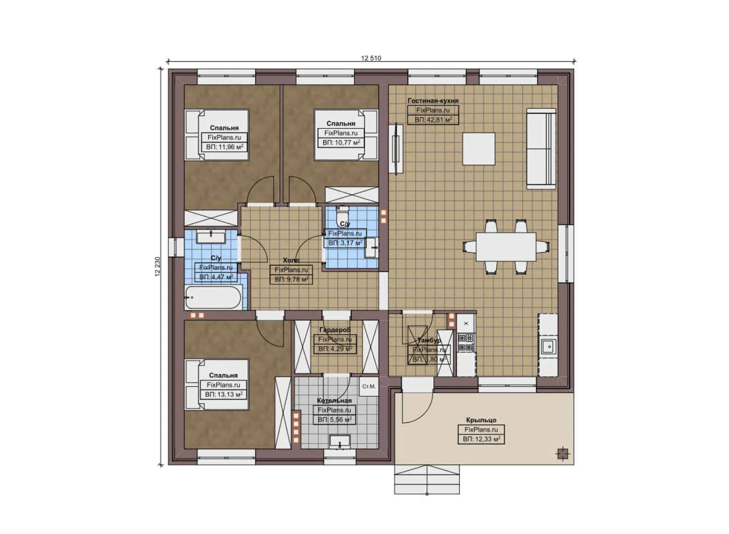 F-9908 - План одноэтажного дома 13 на 13, площадью 130 м² с 3 спальнями