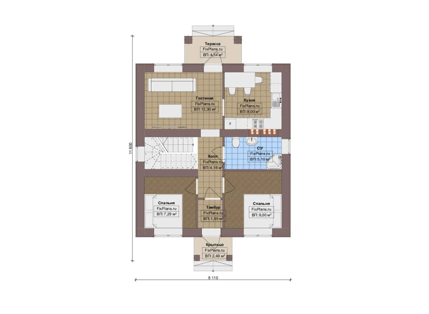 F-18431 - Планы дома с мансардой 9 на 12, площадью 100 м² с террасой, балконом и 4 спальнями