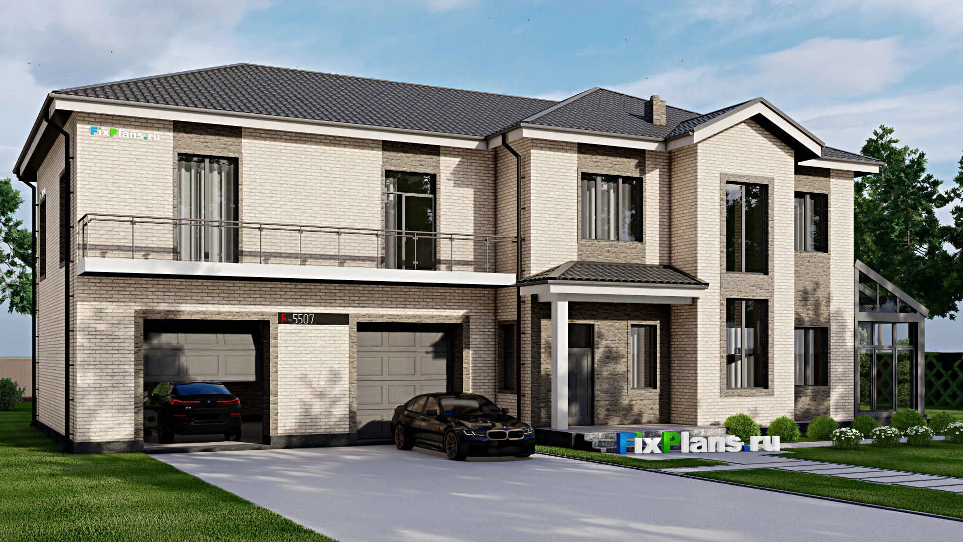 F-5507 - Проект двухэтажного дома 17 на 25, площадью 500 м² с террасой, балконом, гаражом на 2 машины и 4 спальнями