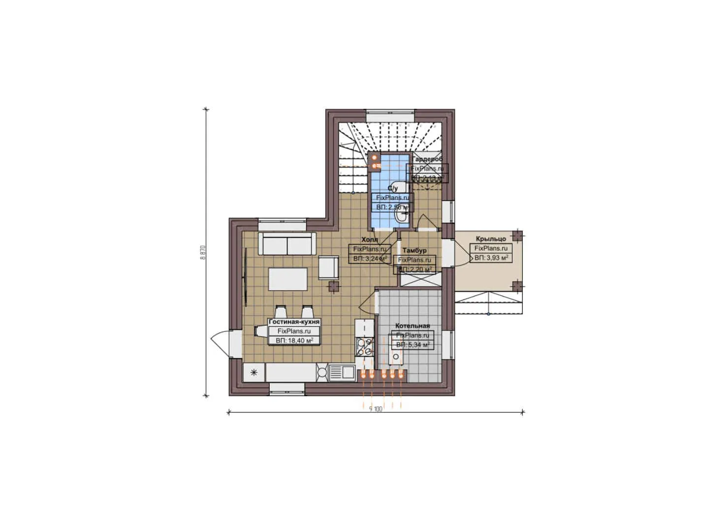 F-7910 - Планы двухэтажного дома 9 на 10, площадью 70 м² с 2 спальнями